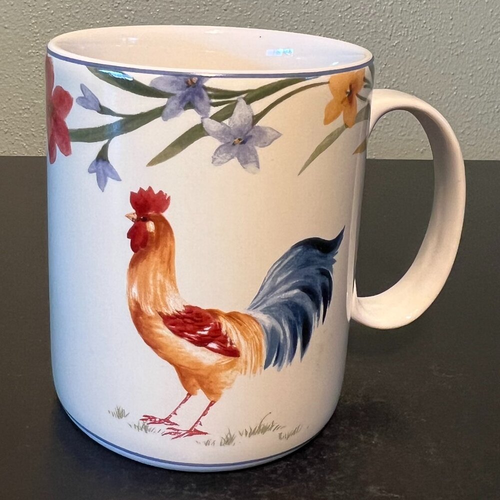 Coventry Spring Rooster Floral Stoneware Coffee Mug Cream Red Blue 11oz